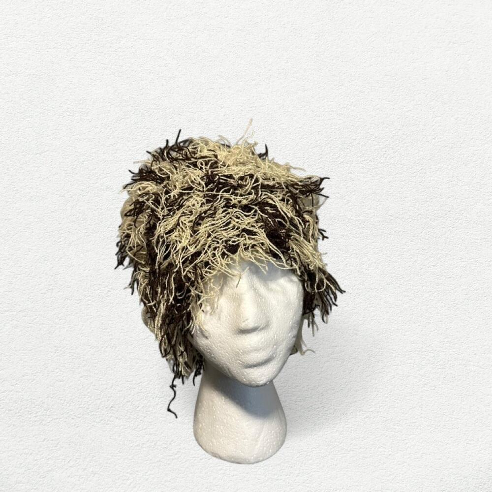 Shaggy Fuzzy Beanie in Brown & Cream | Unisex Winter Knit Hat